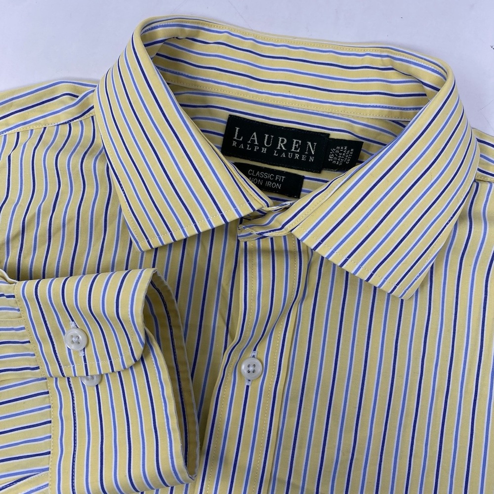 Lauren Ralph Lauren Dress Shirt Mens 16.5 32/33 Yellow Blue Striped Non Iron